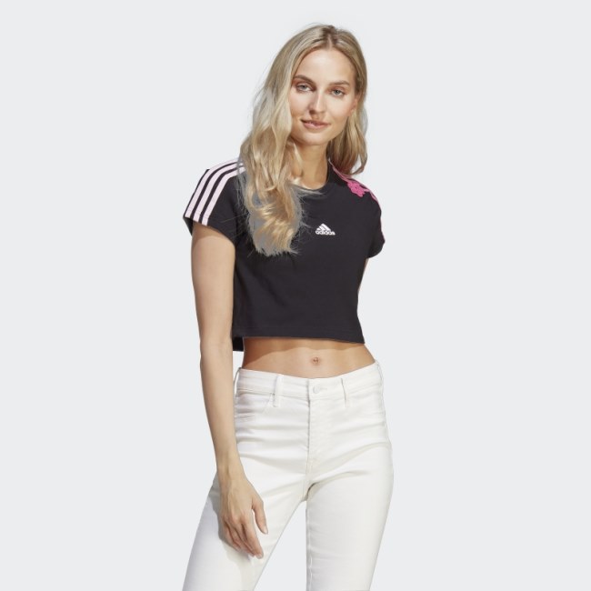 Adidas Black 3-Stripes Cropped Tee with Chenille Flower Patches
