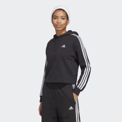 Adidas Shoes 8NL888975 Adidas Women Black Essentials 3-Stripes French Terry Crop Hoodie Black/White